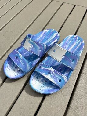 Crocs Classic Sandal 2.0 Marble Slide Blue & White W Sz 8 M Sz 6